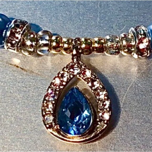 HAND CRAFTED Silver Gold Blue rhinestone pendant necklace Upcycled Vintage - Picture 3 of 6